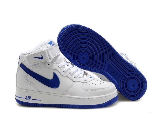white and blue high top nikes